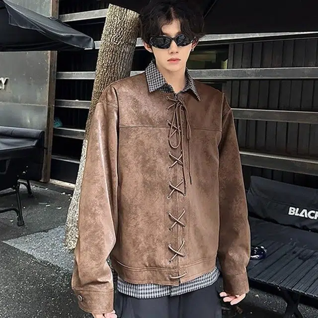 拓菲 抽绳对襟后背飞片设计复古机车皮衣外套男夹克 男女同款