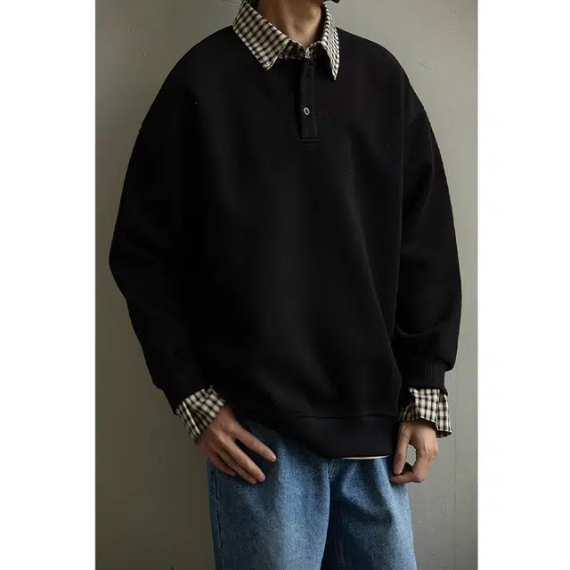 拓菲 格子拼接假两件男设计感衬衫领外套秋季潮流宽松情侣上衣卫衣 男女同款