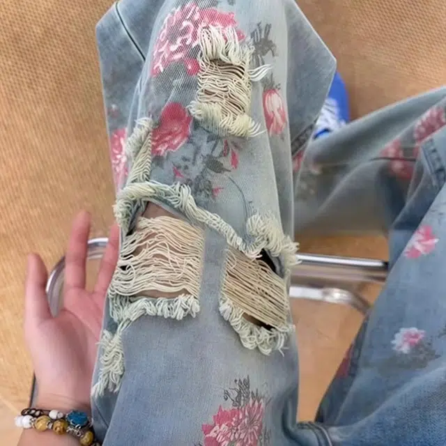 拓菲 玫瑰花破洞牛仔裤夏季美式高级感裤子潮牌痞帅炸街微喇直筒长裤 男女同款