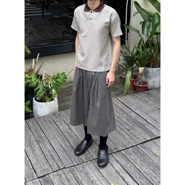 拓菲 美式千鸟格拼接老钱风阔腿西裤七分休闲短裤 男女同款