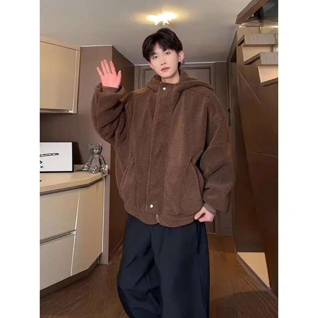 拓菲 羊羔绒男款冬季美拉德穿搭高级感连帽棉衣加厚保暖外套棉服 男女同款