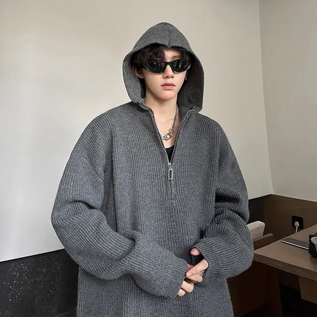 拓菲 慵懒松弛感痞帅高街半拉链毛衣连帽重磅美式卫衣外套针织衫 男女同款