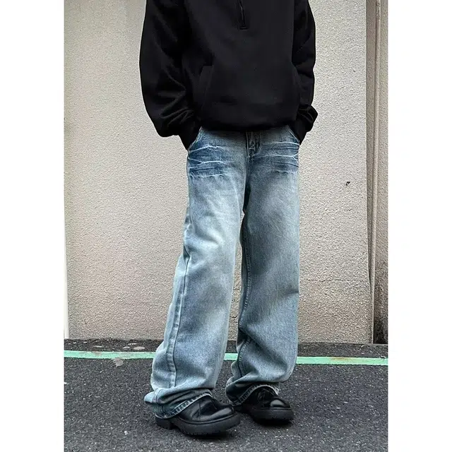 拓菲 牛仔裤时尚水洗闪电纹高街痞帅潮流百搭直筒弯刀裤子 男女同款