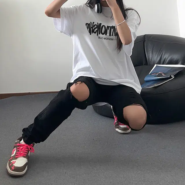拓菲 美式高街裤子薄款毛边破洞修身直筒微喇牛仔裤 男女同款