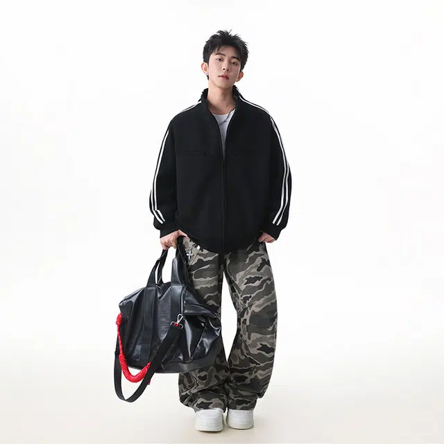 拓菲 美式三条杠开衫立领撞色条纹外套男款潮牌秋季宽松百搭休闲运动拉链卫衣夹克 男女同款