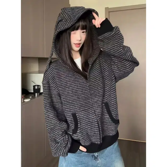 拓菲 条纹开衫外套春秋薄款连帽宽松高级感美式复古显瘦拉链上衣卫衣 男女同款