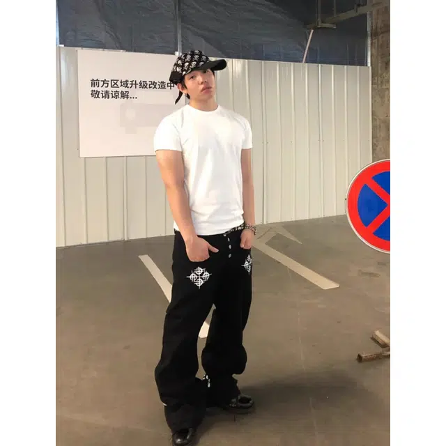 拓菲  小众双裤脚印花排扣直筒嘻哈美式街头高级感宽松显瘦长裤牛仔裤男 男女同款
