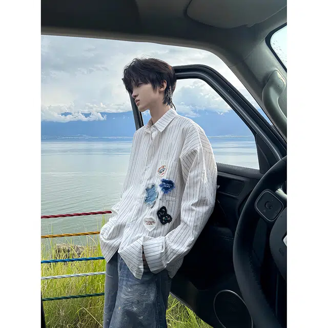 拓菲 趣味贴布条纹秋季长袖衬衣设计感小众防晒外套衬衫男款 男女同款