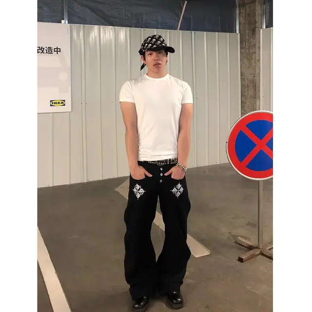 拓菲  小众双裤脚印花排扣直筒嘻哈美式街头高级感宽松显瘦长裤牛仔裤男 男女同款