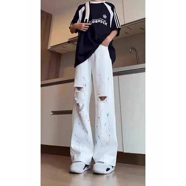 拓菲 美式高街宽松直筒潮牌痞帅薄款牛仔裤 男女同款