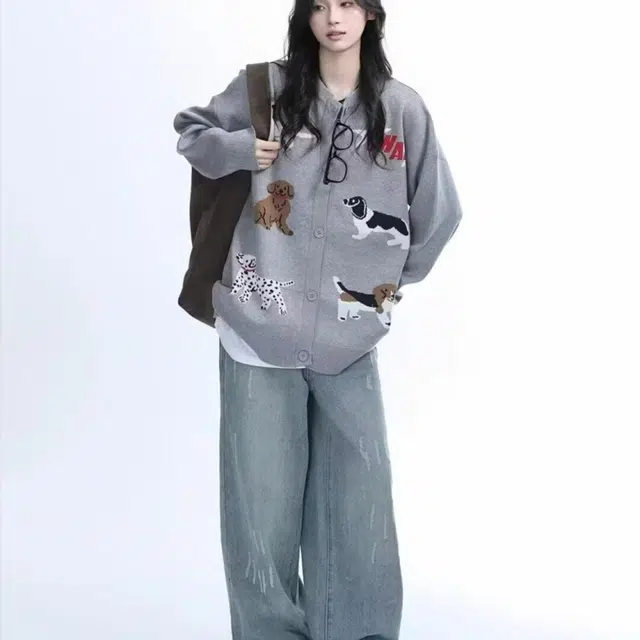 拓菲 美式复古趣味卡通小狗刺绣慵懒风开衫外套针织衫男 男女同款