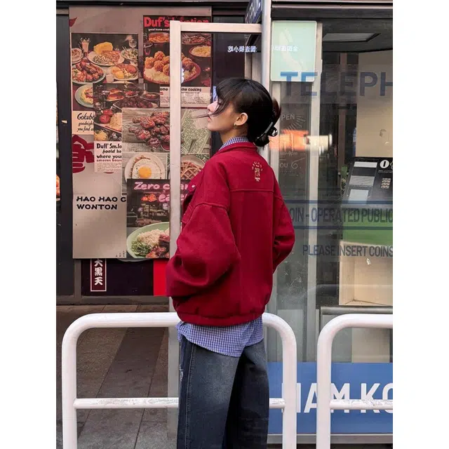 拓菲 美式复古高级红色立领上衣秋季设计感小众格子拼接工装外套夹克 男女同款
