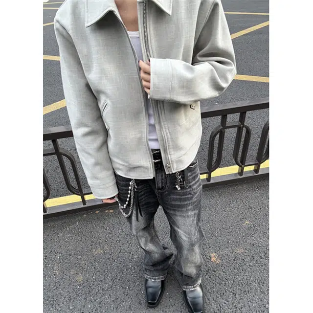 拓菲 美式复古竖纹翻领短款立体剪裁夹克 男女同款