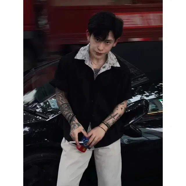 拓菲 美式复古花领假两件短袖男款夏季痞帅高级设计感冰丝衬衣外套衬衫 男女同款