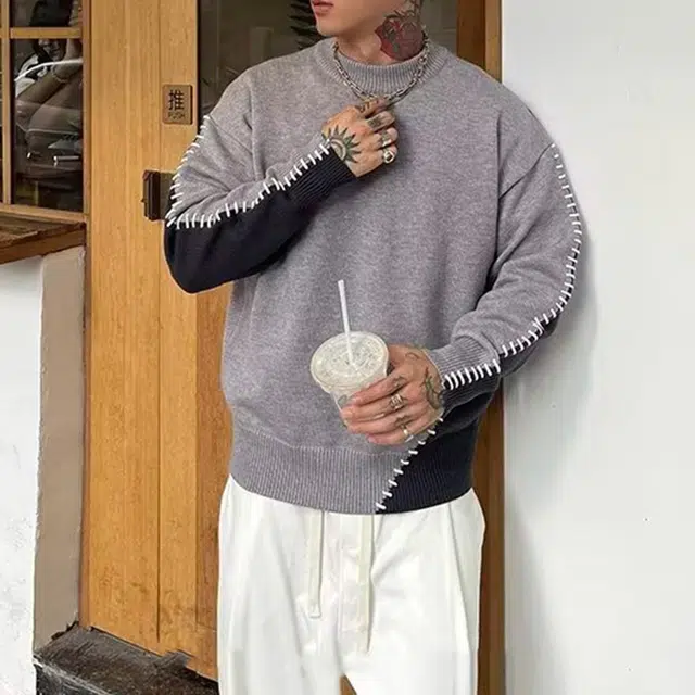 拓菲 编织缝针拼接设计撞色圆领毛衣男款秋冬季高级感慵懒风打底针织衫 男女同款