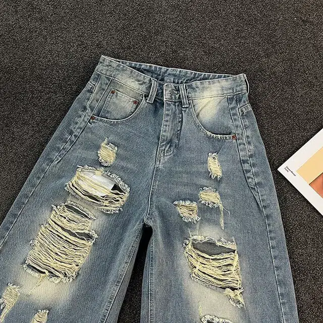 拓菲 夏季美式复古多破洞七分潮牌高街水洗宽松休闲阔腿裤子牛仔短裤 男女同款