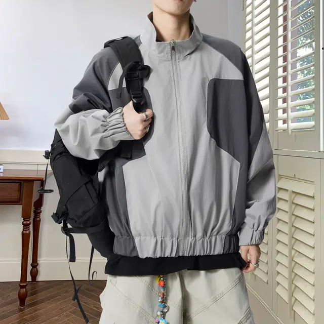 拓菲 美式潮牌拼色立领男秋季户外机能工装外套复古高街运动登山服夹克 男女同款