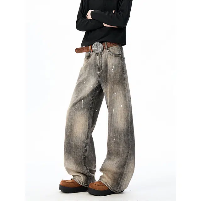 拓菲 美式水洗做旧泼墨弯刀长裤男秋季潮牌高街宽松阔腿拖地牛仔裤 男女同款