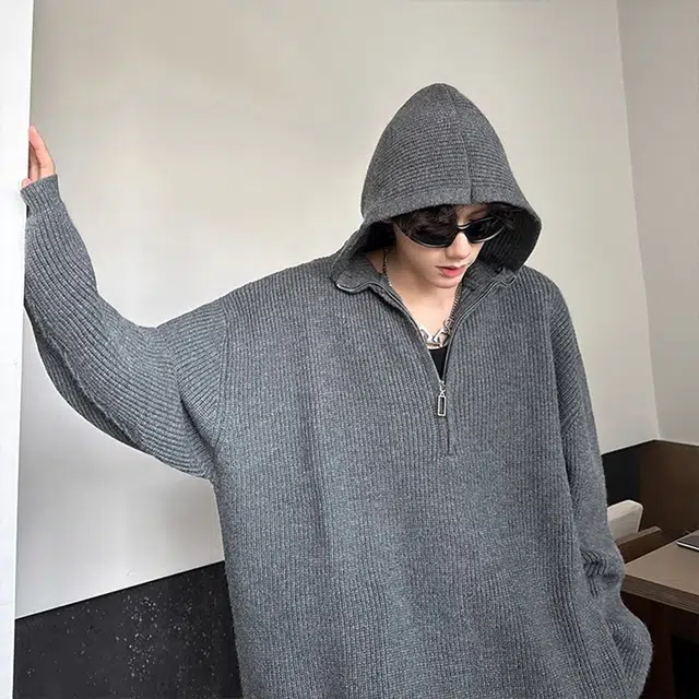 拓菲 慵懒松弛感痞帅高街半拉链毛衣连帽重磅美式卫衣外套针织衫 男女同款