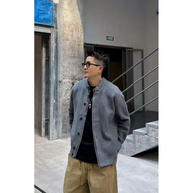 拓菲 假两件圆领开衫外套男士秋季穿搭潮牌高级感格子针织衫 男女同款