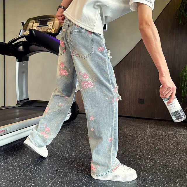 拓菲 美式破洞高街直筒潮牌牛仔裤 男女同款