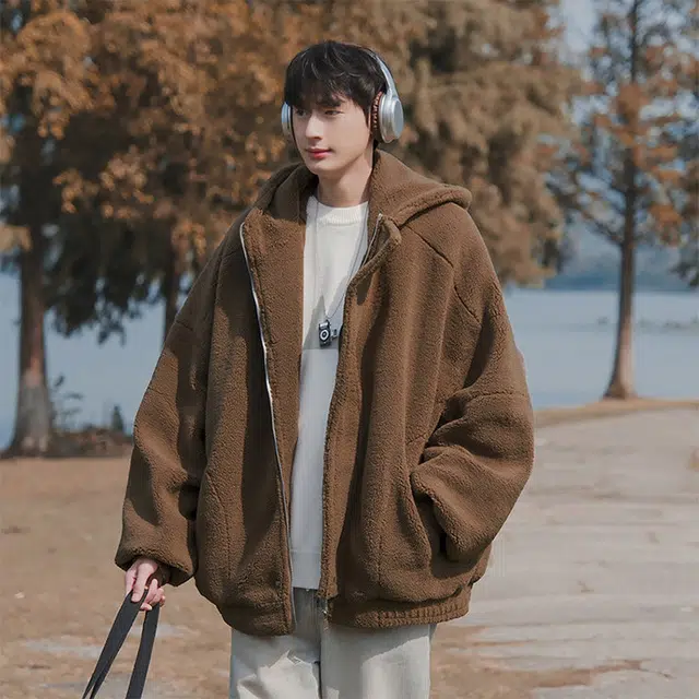 拓菲 羊羔毛外套男款秋冬季连帽复古棉袄加厚保暖羊羔绒棉衣棉服 男女同款