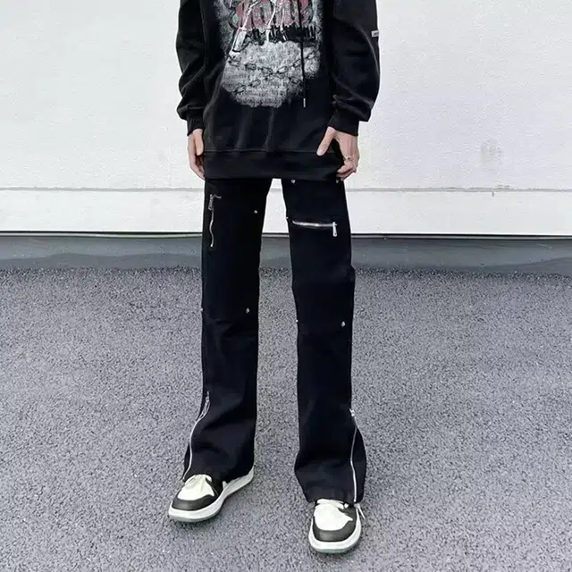 拓菲 国潮弹力休闲直筒微喇裤脚口可调节拉链拼接牛仔裤街头裤子 男女同款