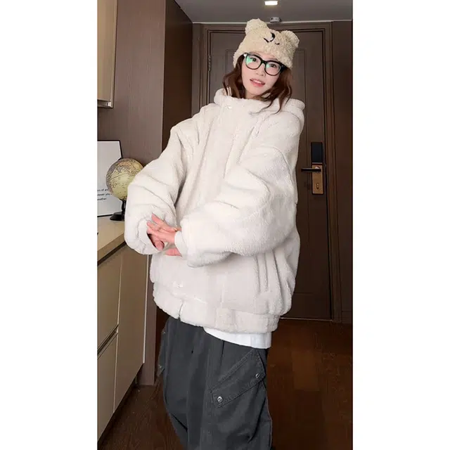 拓菲 连帽羊羔绒外套男士冬季款加绒加厚羊羔毛棉衣宽松棉服 男女同款