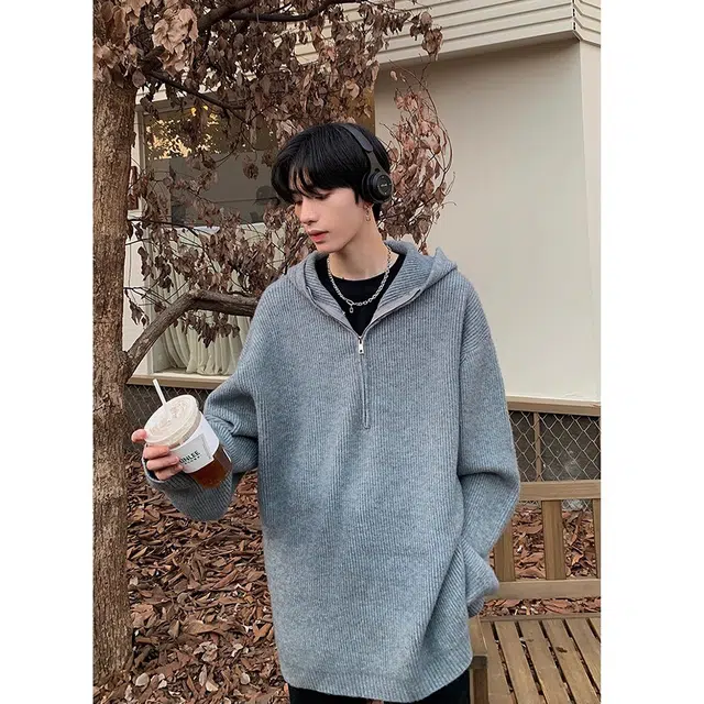 拓菲 美式韩版休闲重磅痞帅高街半拉链慵懒松弛感毛衣连帽卫衣外套针织衫 男女同款