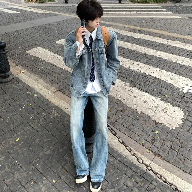 拓菲 美式潮牌闪电纹水洗情侣高级感宽松直筒阔腿裤牛仔裤 男女同款