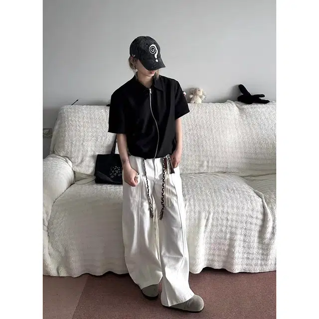 拓菲 双开拉链肌理感翻领短袖衬衫 男女同款