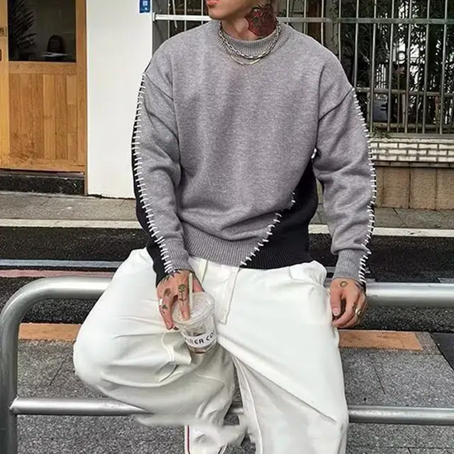 拓菲 编织缝针拼接设计撞色圆领毛衣男款秋冬季高级感慵懒风打底针织衫 男女同款