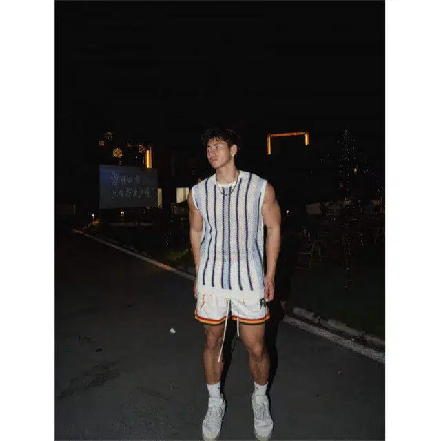 拓菲 美式条纹镂空针织网眼透视松弛感休闲工装线衣背心 男女同款