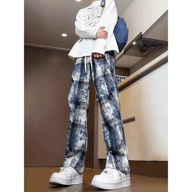 拓菲 美式扎染格子青少年酷帅褶皱设计感宽松直筒裤休闲裤 男女同款