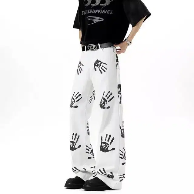 拓菲 美式高街潮牌手掌印花微喇直筒牛仔裤 男女同款