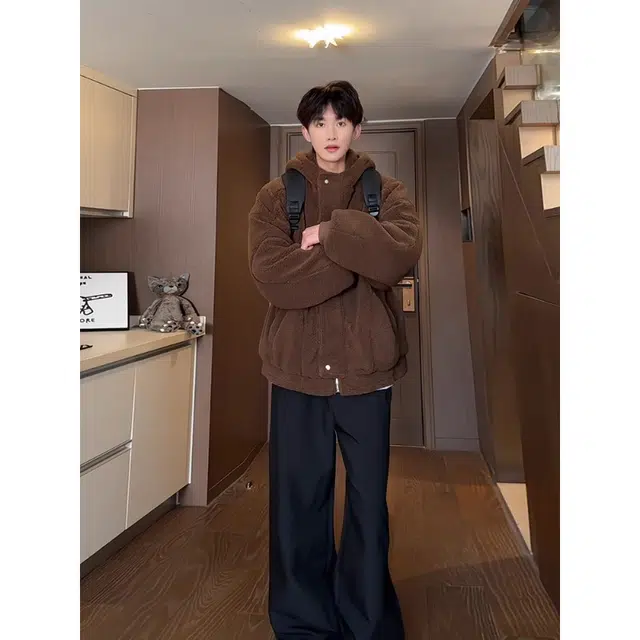 拓菲 羊羔绒男款冬季美拉德穿搭高级感连帽棉衣加厚保暖外套棉服 男女同款