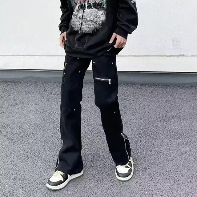 拓菲 国潮弹力休闲直筒微喇裤脚口可调节拉链拼接牛仔裤街头裤子 男女同款