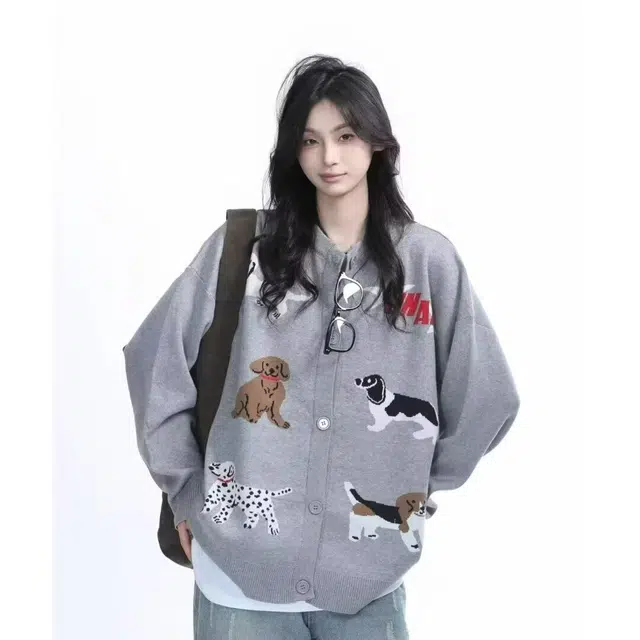 拓菲 美式复古趣味卡通小狗刺绣慵懒风开衫外套针织衫男 男女同款