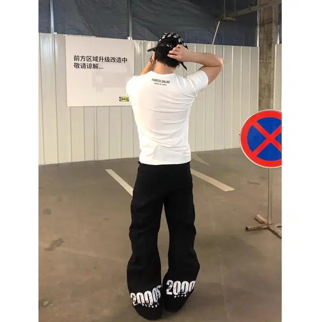 拓菲  小众双裤脚印花排扣直筒嘻哈美式街头高级感宽松显瘦长裤牛仔裤男 男女同款