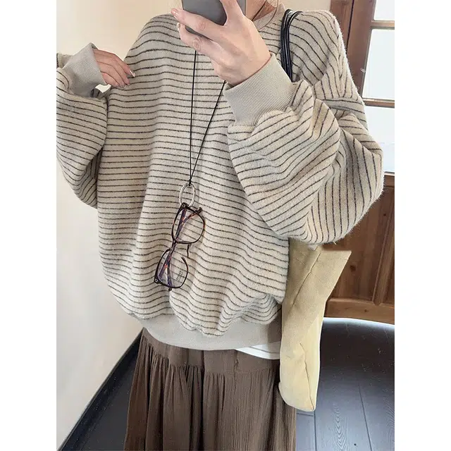 拓菲 圆领套头长袖慵懒风复古条纹秋季宽松显瘦休闲上衣卫衣 男女同款