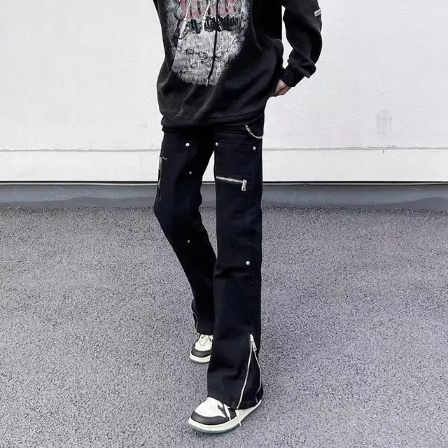 拓菲 国潮弹力休闲直筒微喇裤脚口可调节拉链拼接牛仔裤街头裤子 男女同款