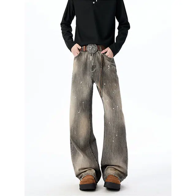 拓菲 美式水洗做旧泼墨弯刀长裤男秋季潮牌高街宽松阔腿拖地牛仔裤 男女同款