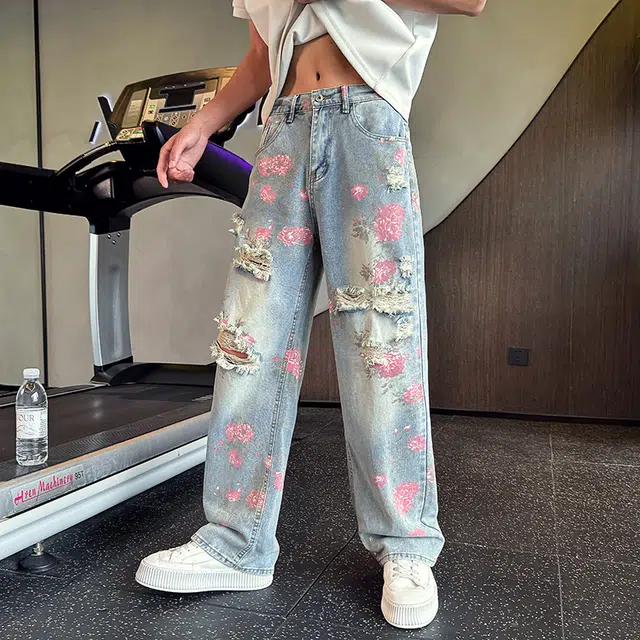 拓菲 美式破洞高街直筒潮牌牛仔裤 男女同款