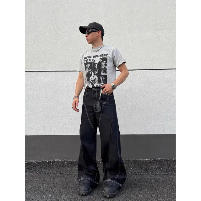 拓菲 美式复古设计感解构宽松直筒阔腿长裤牛仔裤 男女同款