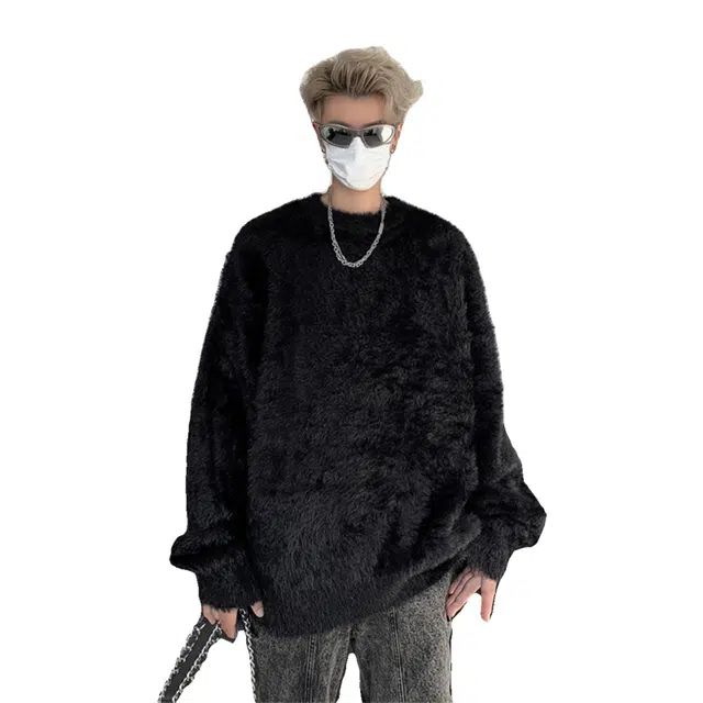拓菲 早秋穿搭纯色外套男款高级感海马毛上衣宽松慵懒圆领打底衫针织衫 男女同款