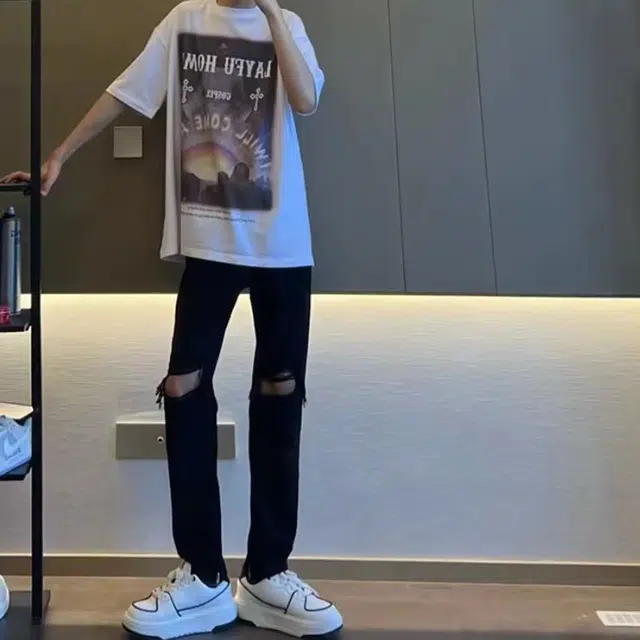 拓菲 美式高街直筒破洞潮流设计感牛仔裤 男女同款