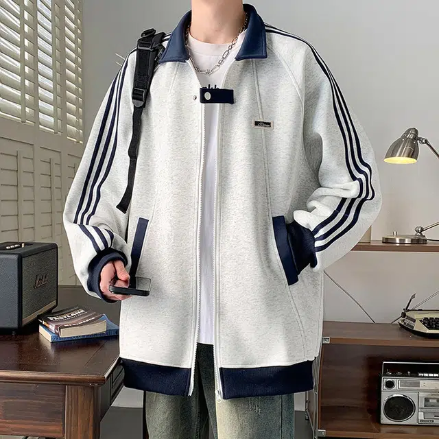 拓菲 立领开衫卫衣男秋季学院风三条杠运动美式复古条纹外套夹克 男女同款