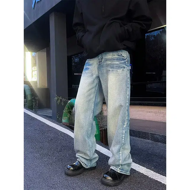 拓菲 牛仔裤时尚水洗闪电纹高街痞帅潮流百搭直筒弯刀裤子 男女同款