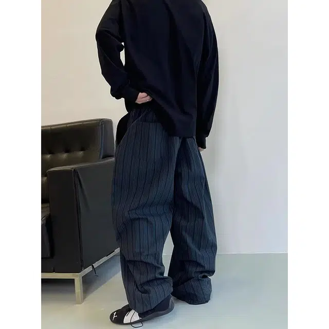 拓菲 复古竖条纹棉弯刀阔腿裤束脚拖地休闲裤 男女同款