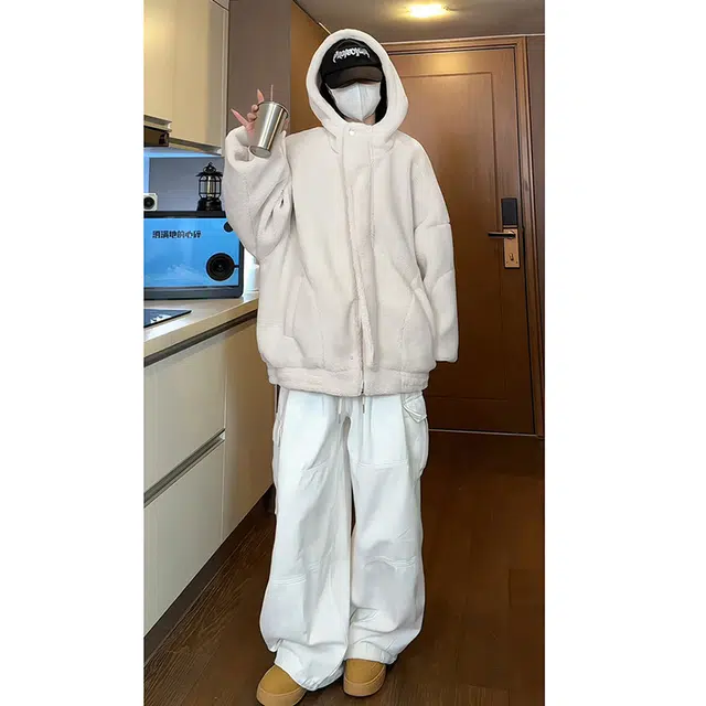 拓菲 羊羔毛棉衣男冬季加大码潮胖子宽松休闲慵懒加厚保暖外套连帽棉服 男女同款